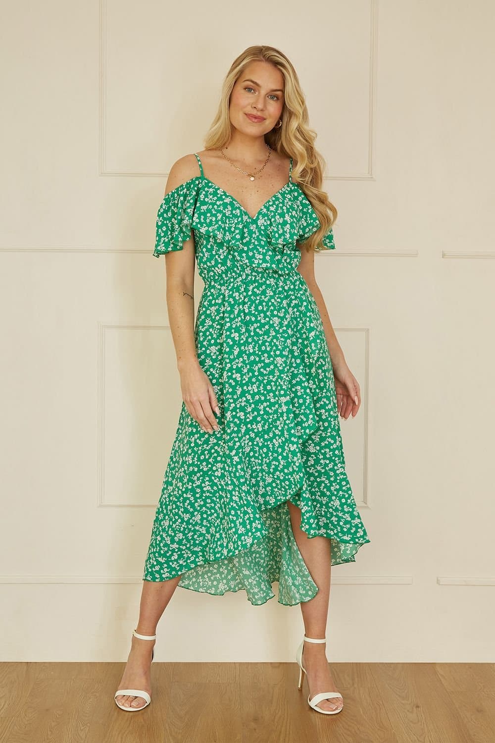 Yumi Yumi Women's Green Ditsy Print Bardot Midi Dress With Dip Hem