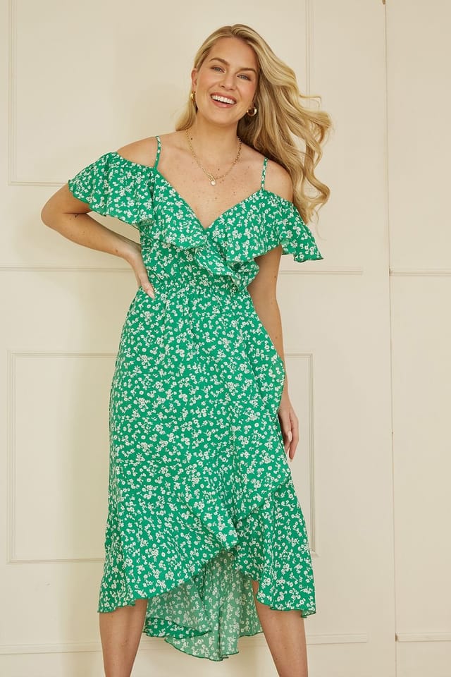 Yumi Yumi Women's Green Ditsy Print Bardot Midi Dress With Dip Hem - 2