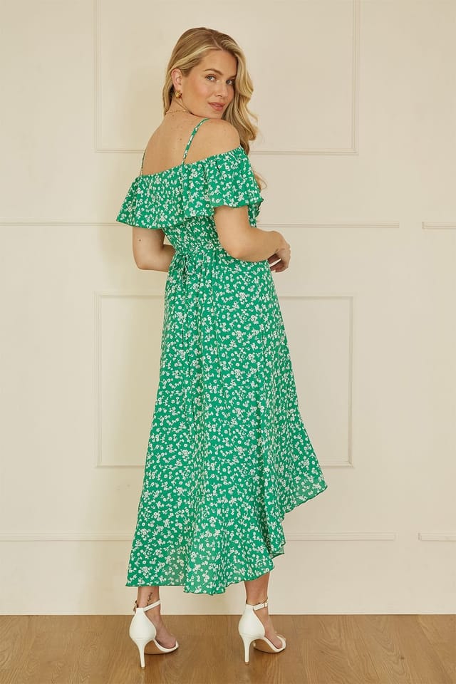 Yumi Yumi Women's Green Ditsy Print Bardot Midi Dress With Dip Hem - 3