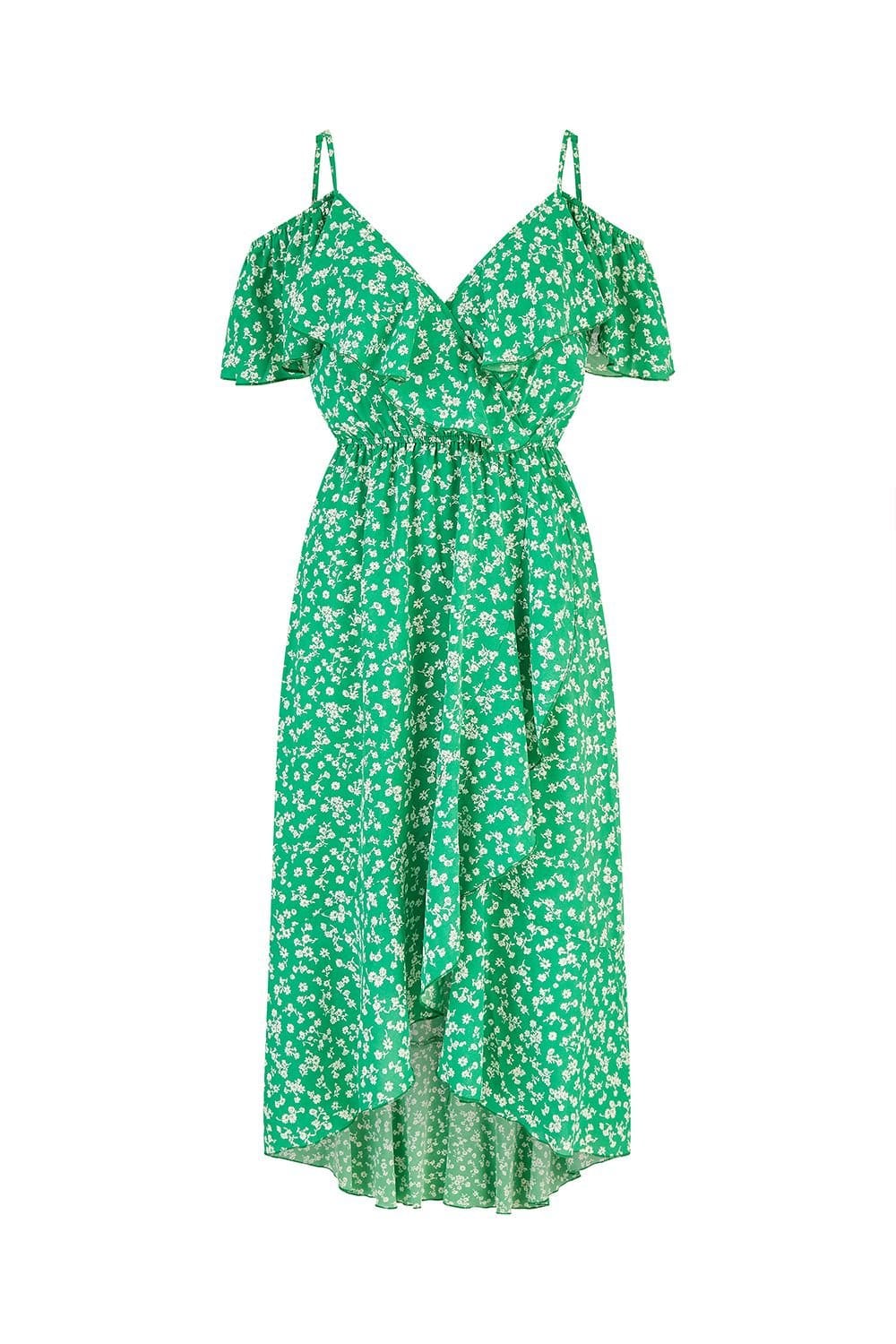 Yumi Yumi Women's Green Ditsy Print Bardot Midi Dress With Dip Hem - 4
