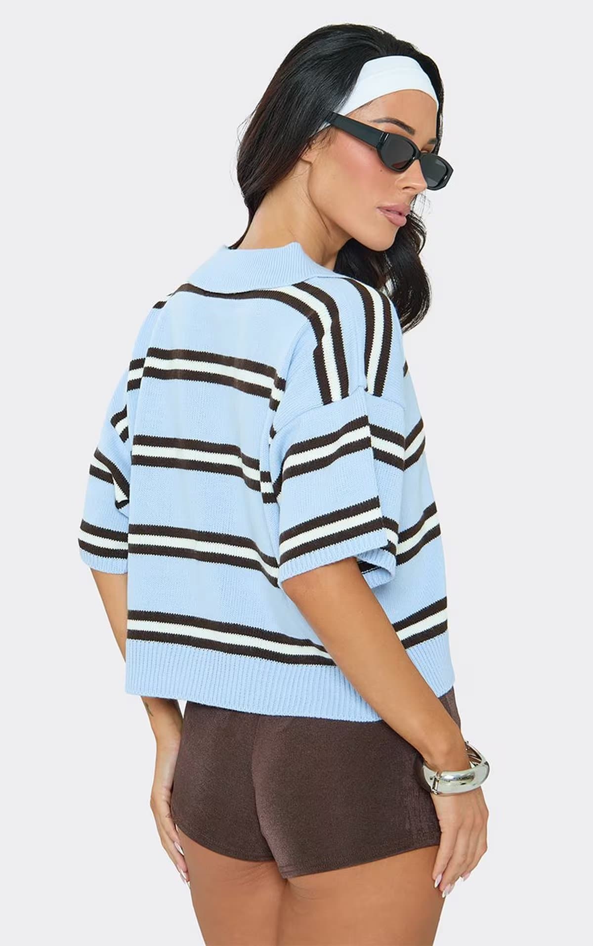 EGO Short Sleeve Logo Detail Collared Polo Top In Blue Stripe Knit, Women's Size UK S