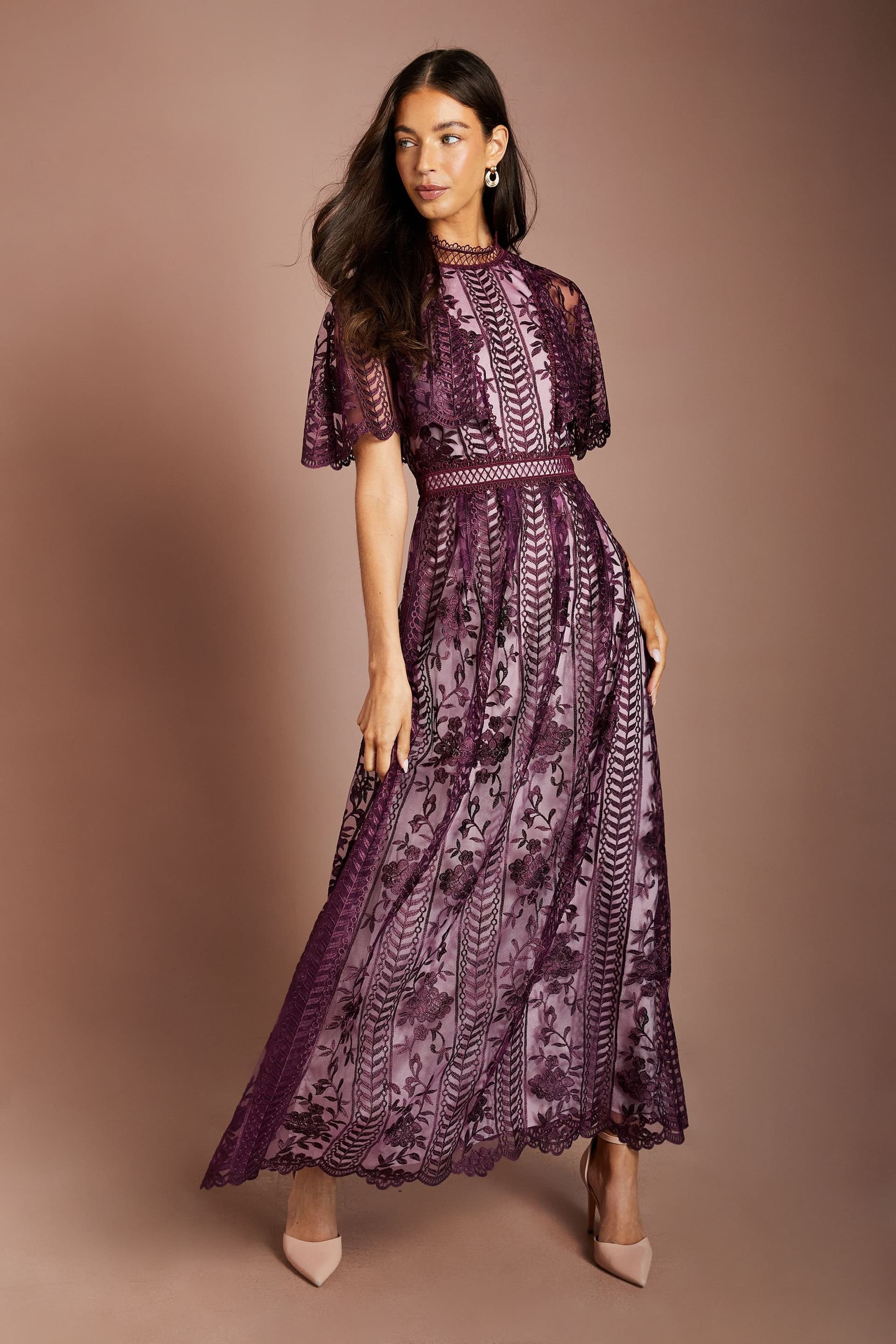 Coast Coast Women's Embroidered Mesh Short Cape Sleeve Maxi Dress in Fig