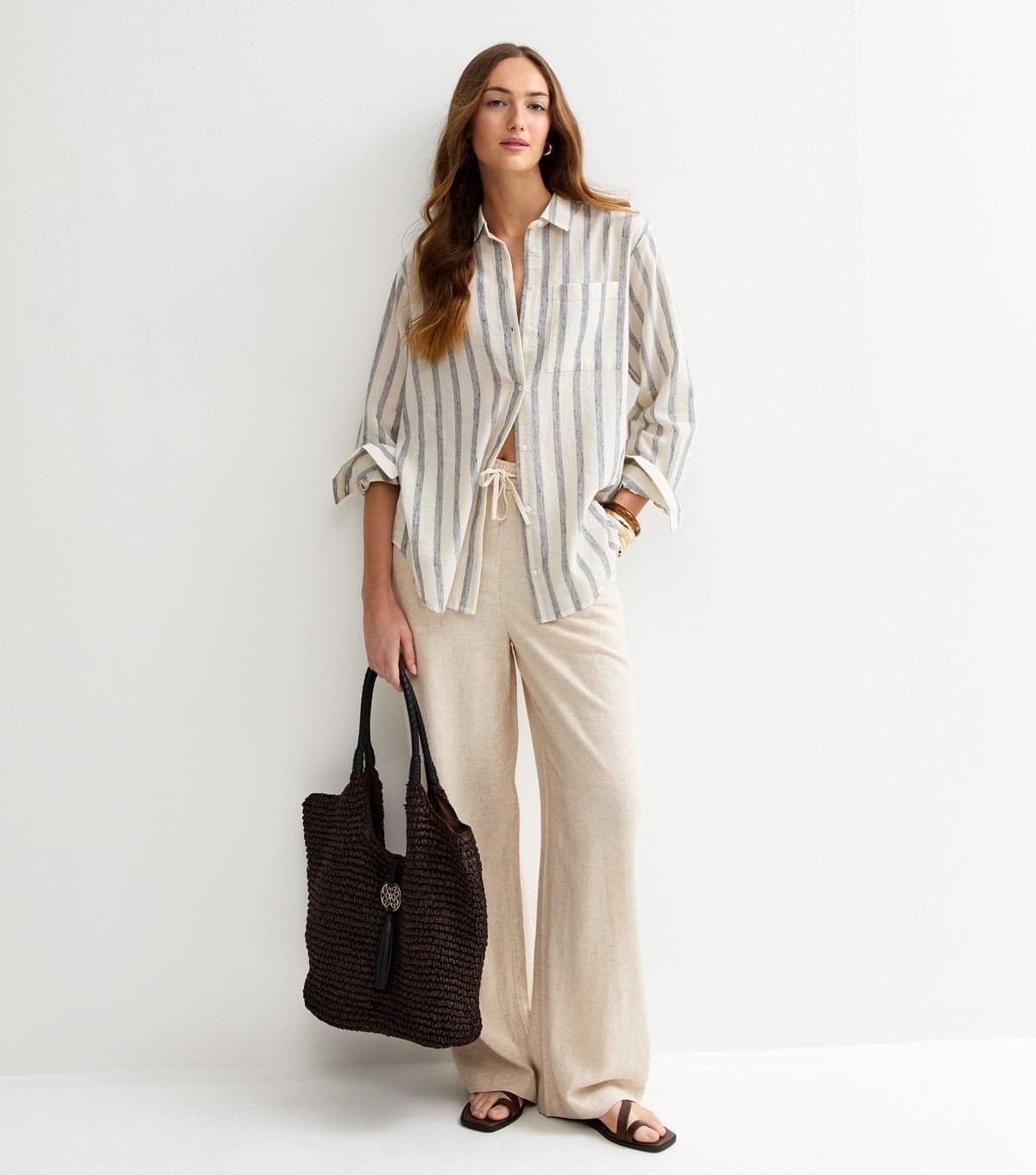 New Look Women's Tall Stone Wide Leg Trousers with Linen New Look