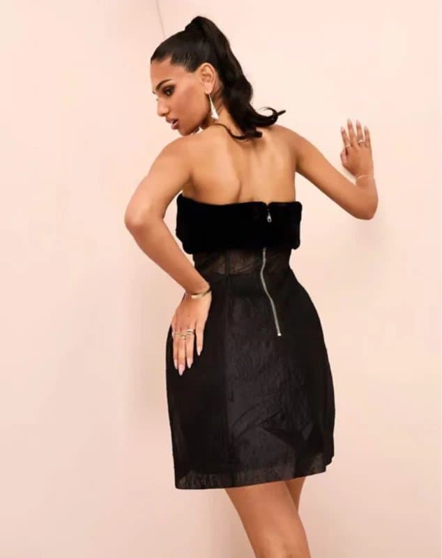 ASOS corseted lace caged skirt mini dress with faux fur bust in black
