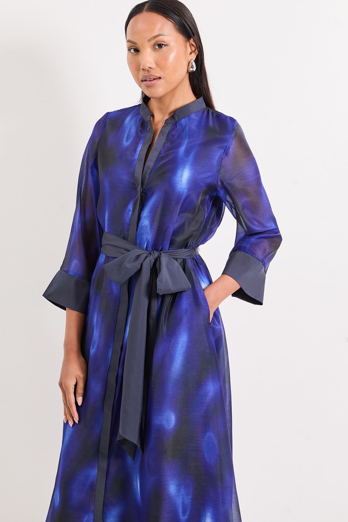 Wallis Wallis Women's Abstract Organza Contrast Shirt Dress in Blue - 4