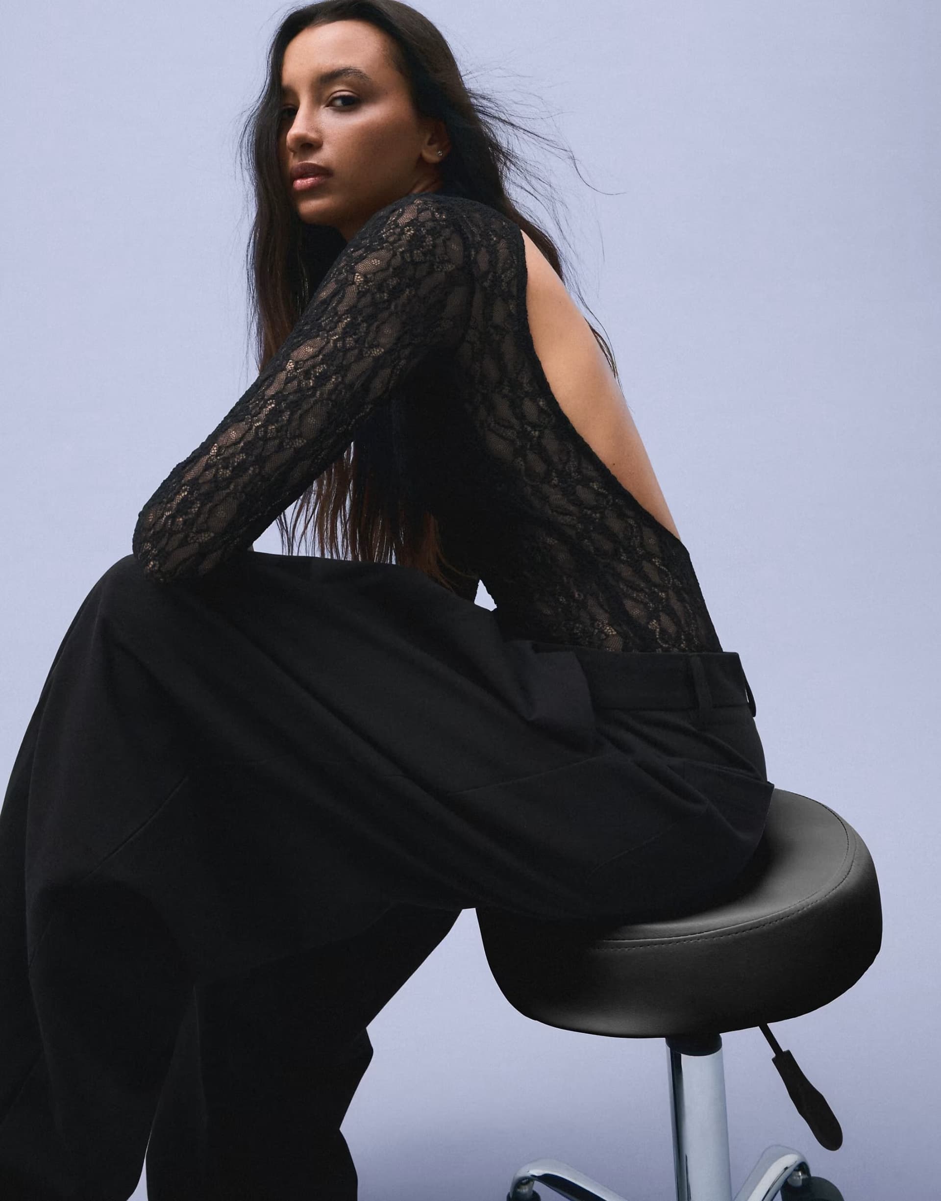 ASOS Bershka Long sleeve lace bodysuit with split neckline in black