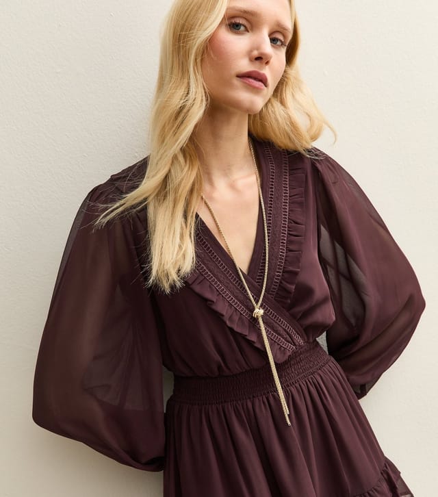 New Look Women's Burgundy Ruffle Trimmed V-Neck Long Sleeve Mini Dress New Look - 2