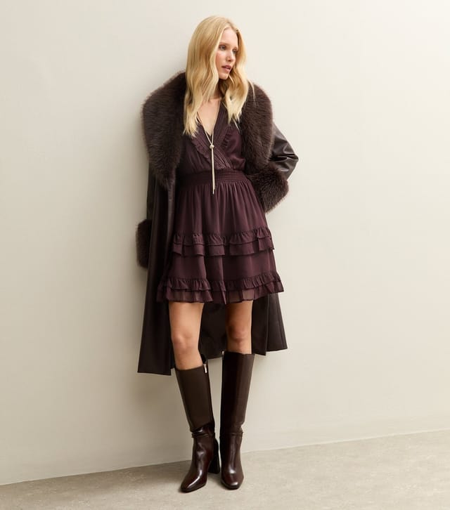 New Look Women's Burgundy Ruffle Trimmed V-Neck Long Sleeve Mini Dress New Look - 3