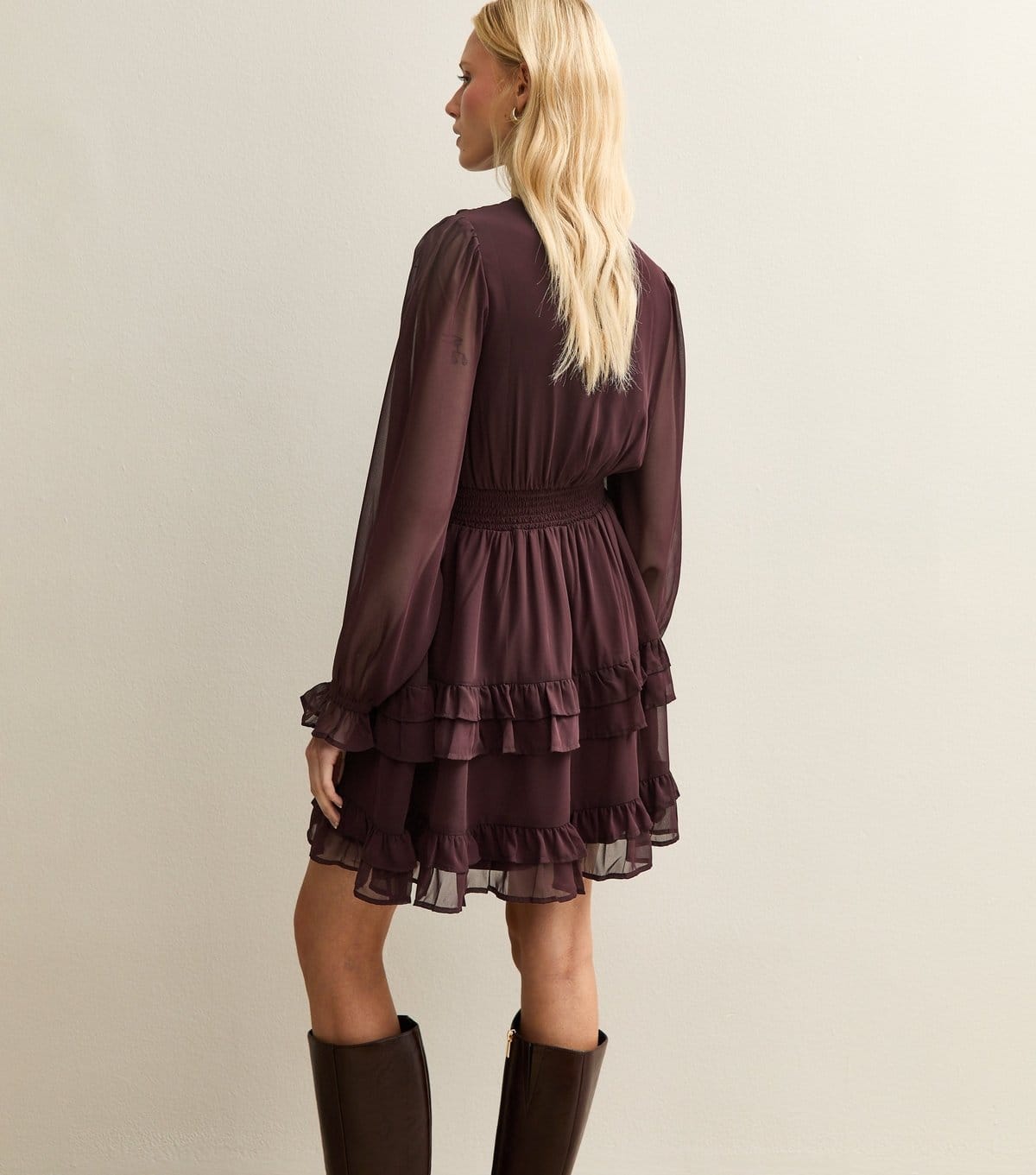 New Look Women's Burgundy Ruffle Trimmed V-Neck Long Sleeve Mini Dress New Look - 4
