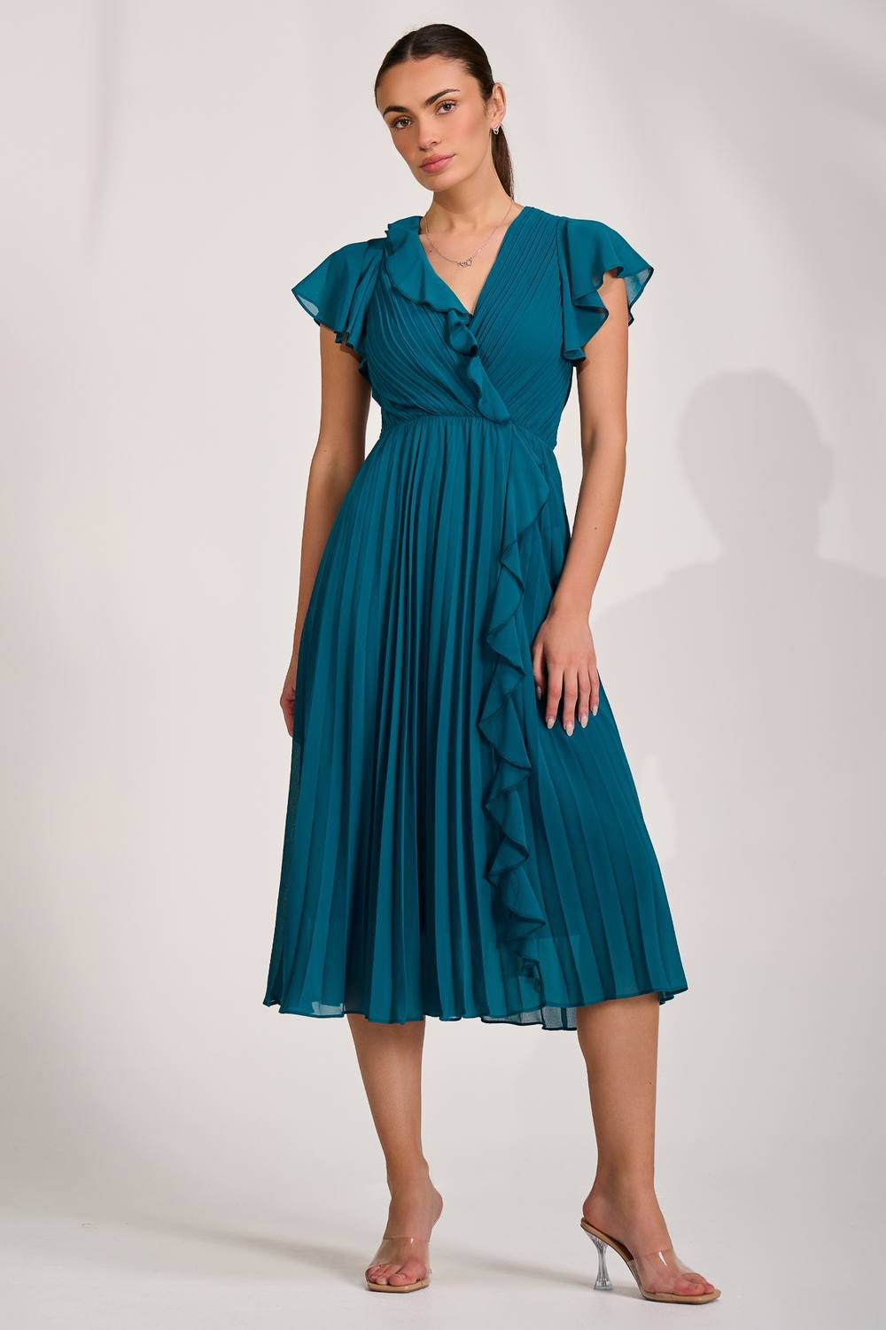 Jolie Moi Jolie Moi Women's Ruffle Pleated Chiffon Midi Dress in Teal - 3