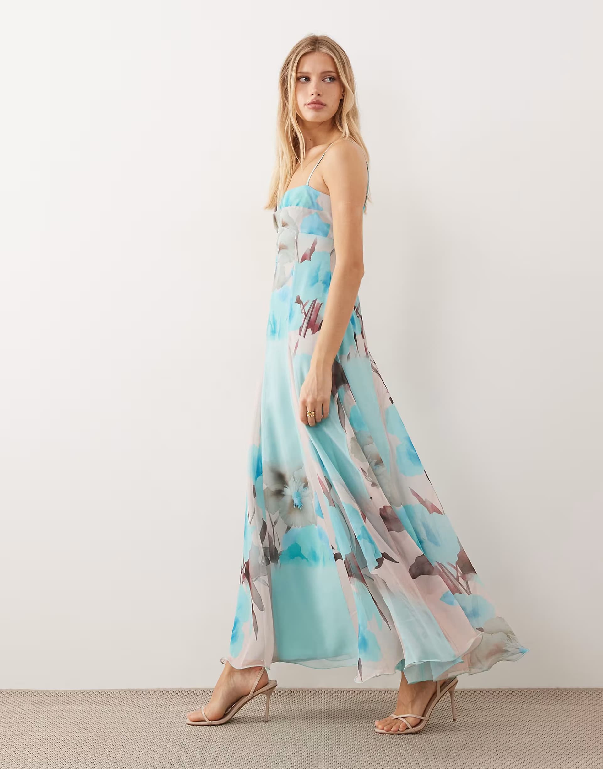 ASOS ASOS DESIGN chiffon strappy maxi dress with deep godets in blue blown up floral