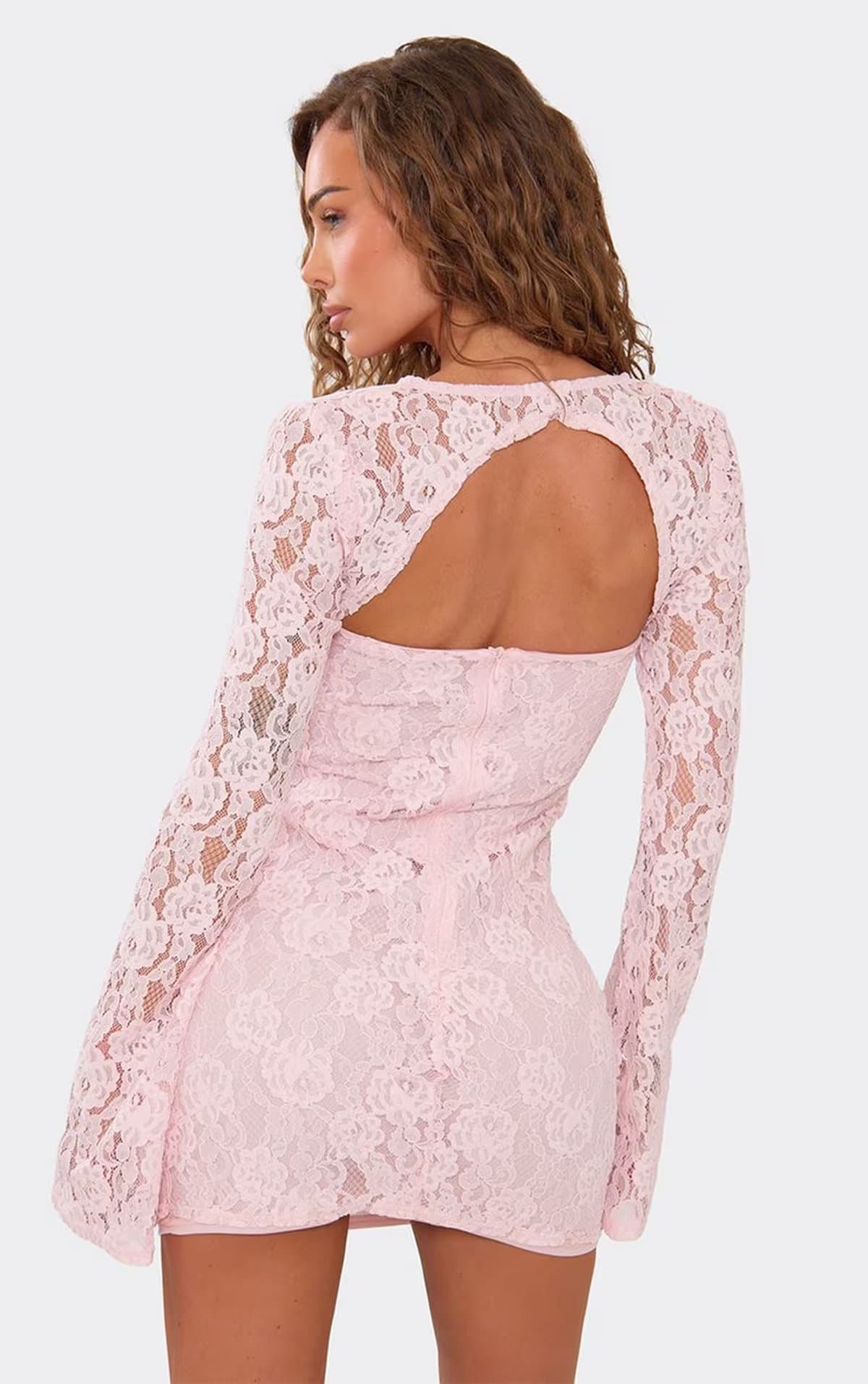 EGO Long Sleeve Button Cut Out Detail Mini Dress In Pink Lace, Women's Size UK 6