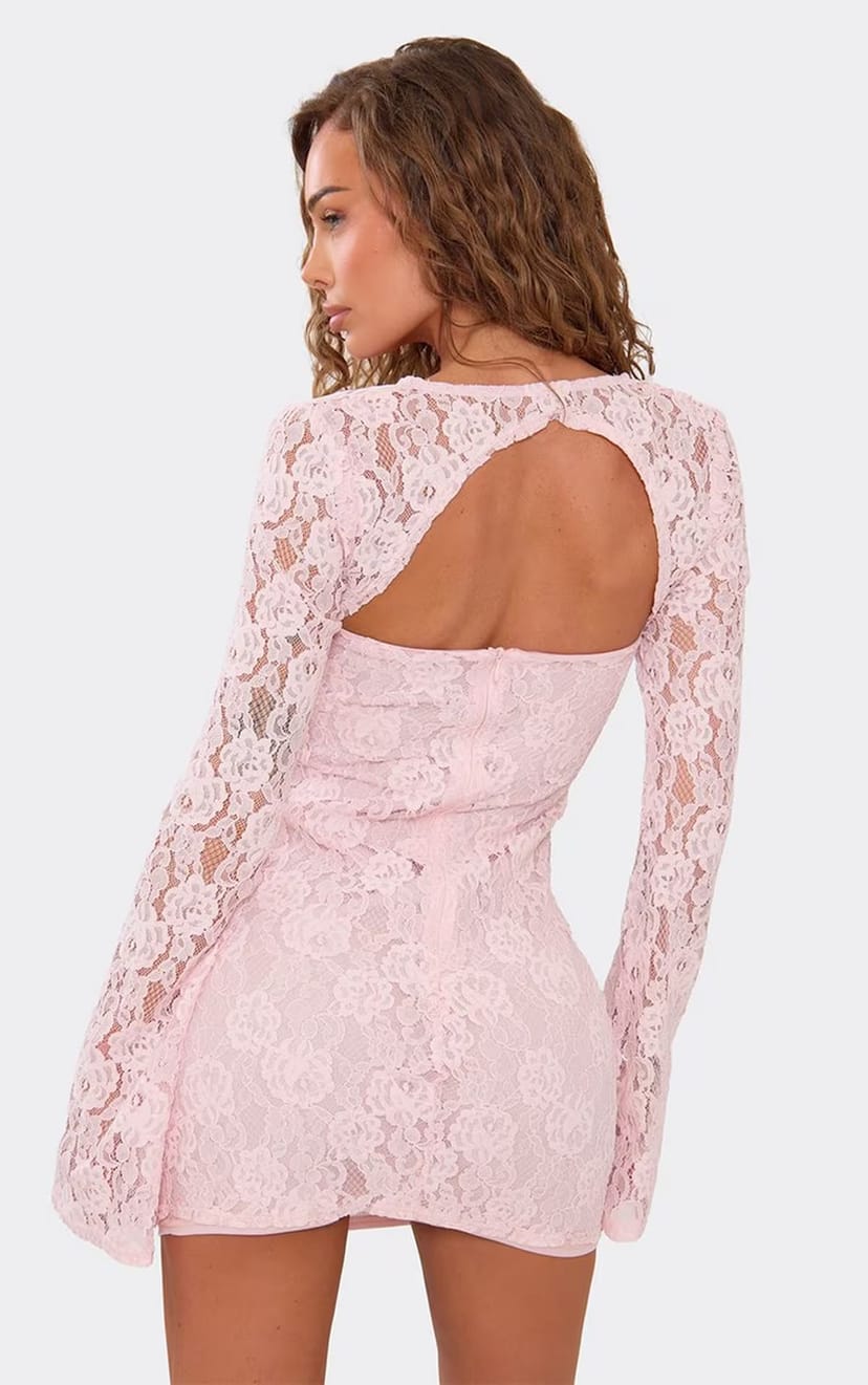 EGO Long Sleeve Button Cut Out Detail Mini Dress In Pink Lace, Women's Size UK 6 - 1