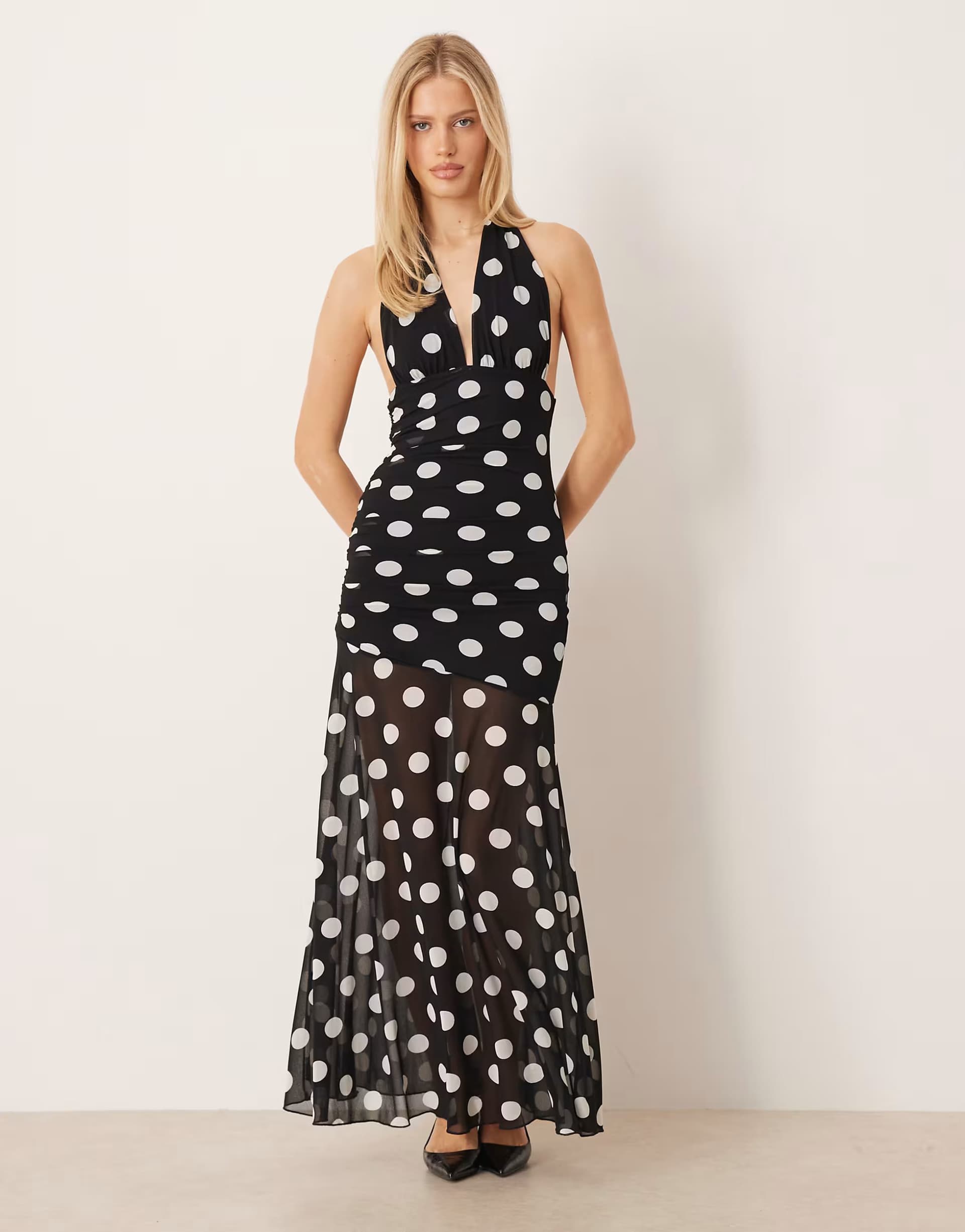 ASOS Gina Tricot halterneck dropped waist maxi dress in black polka dot