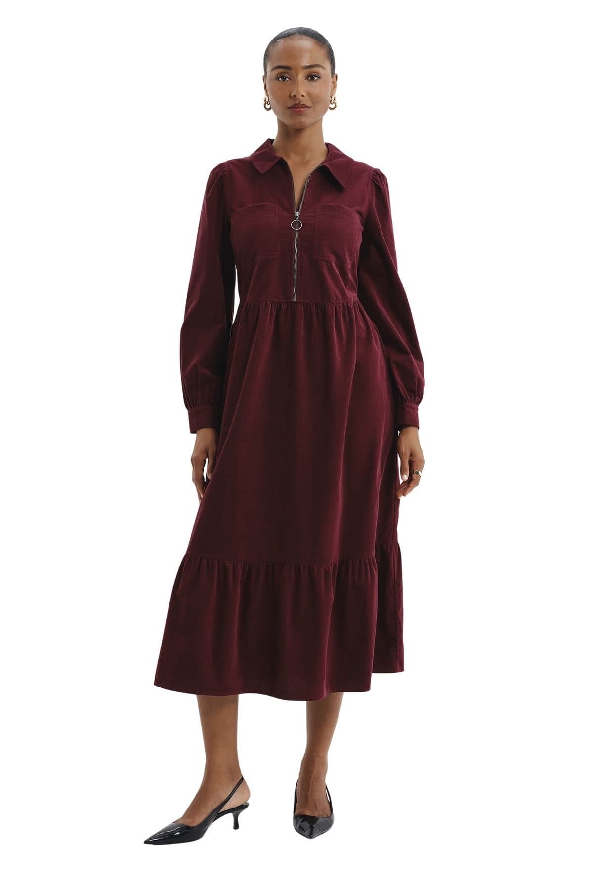 Finery London Finery London Women's Callie Corduroy Long Sleeve Midi Dress in Maroon