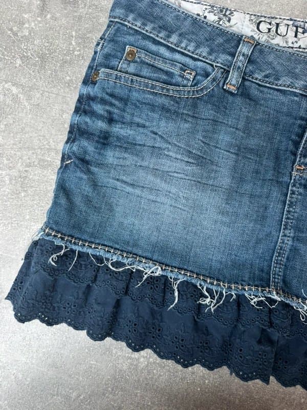 Guess y2k guess blue denim mini skirt with embroidered pleated hem
