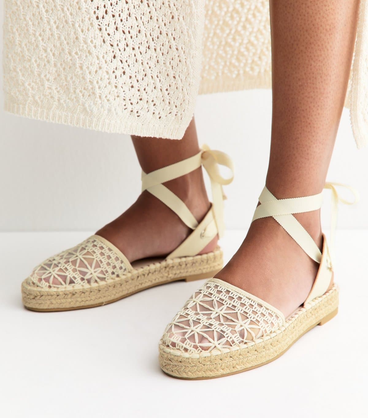 New Look New Look Off White Lace Toe Tie Ankle Espadrilles