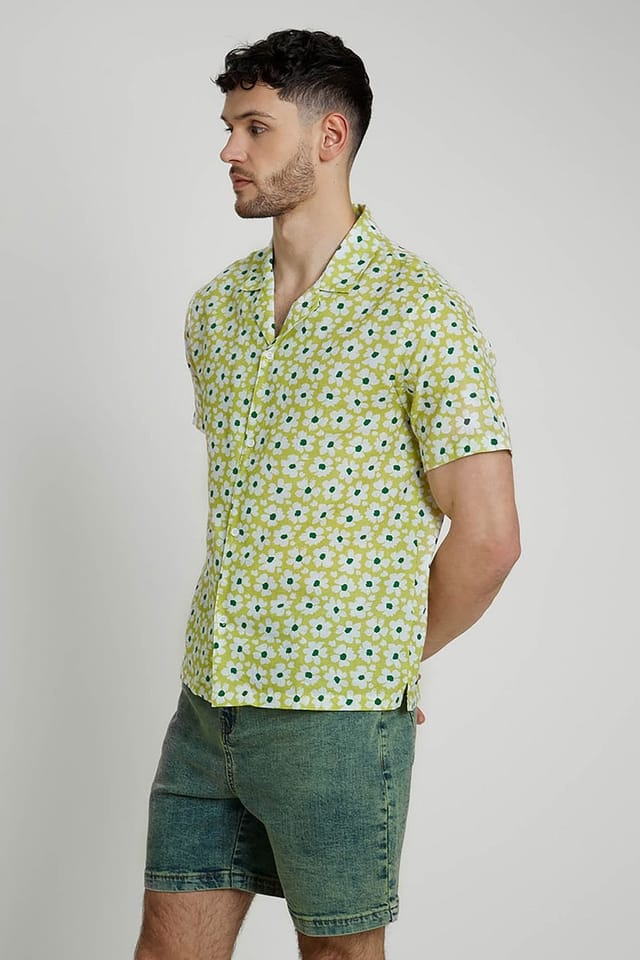 Native Youth Native Youth Men's Cotton Flex Daisy Printed Short Sleeve Shirt in Lime - 3
