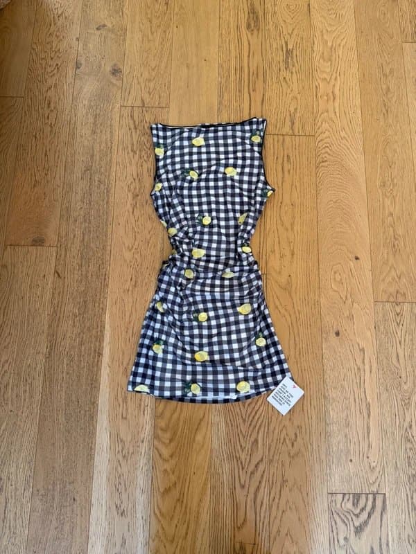 ASOS ASOS gingham lemon check boat neck sleeveless summer ruched dress size 12
