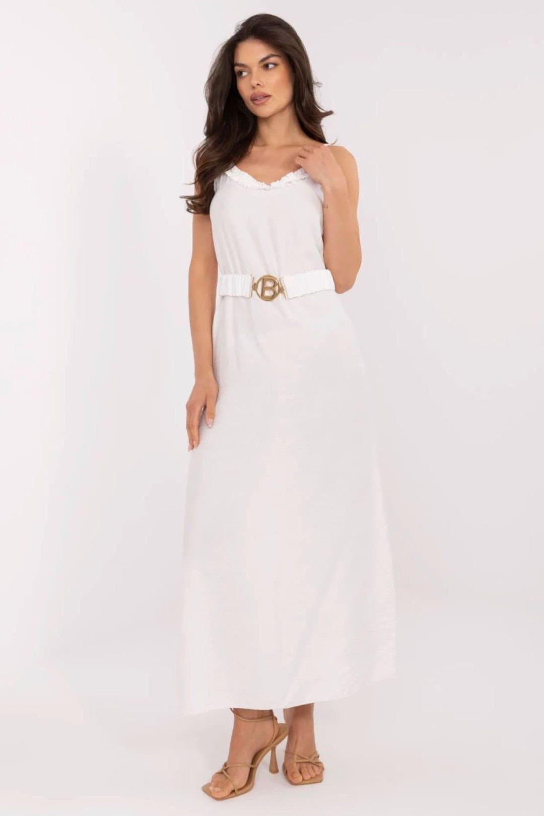 Love Lace Love Lace Women's V Neck Ruffle Viscose Maxi Dress with Belt in White
