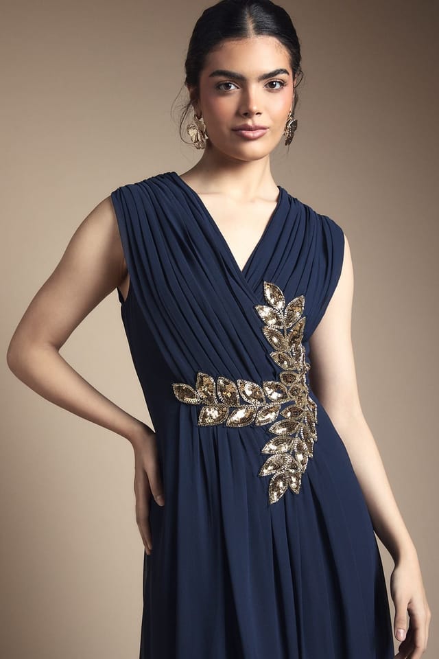 Wallis Wallis Women's Beaded Embellished Wrap Top Georgette Maxi Dress in Navy - 2