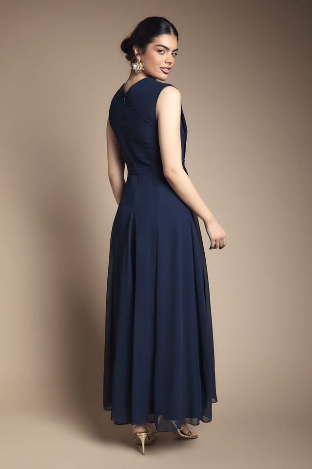 Wallis Wallis Women's Beaded Embellished Wrap Top Georgette Maxi Dress in Navy - 3