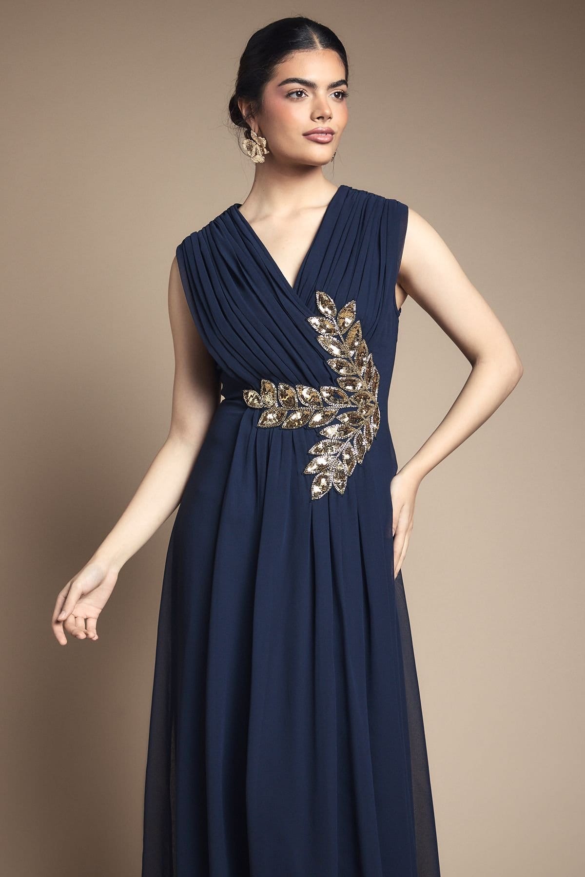 Wallis Wallis Women's Beaded Embellished Wrap Top Georgette Maxi Dress in Navy - 4