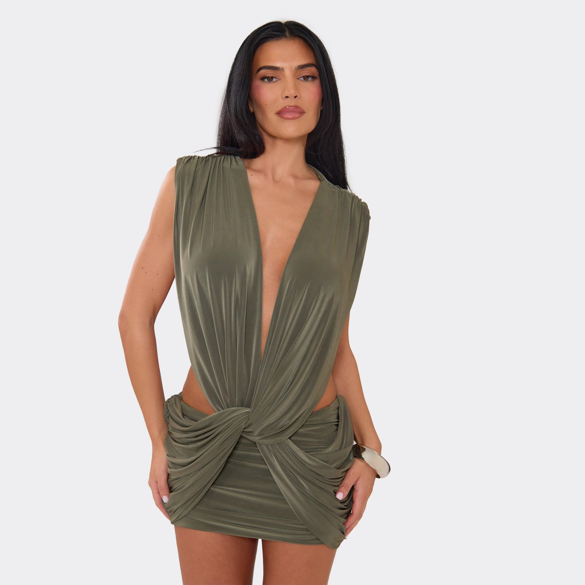 EGO Extreme Cowl Neck Cut Out Detail Ruched Mini Dress In Khaki, Women's Size UK 4