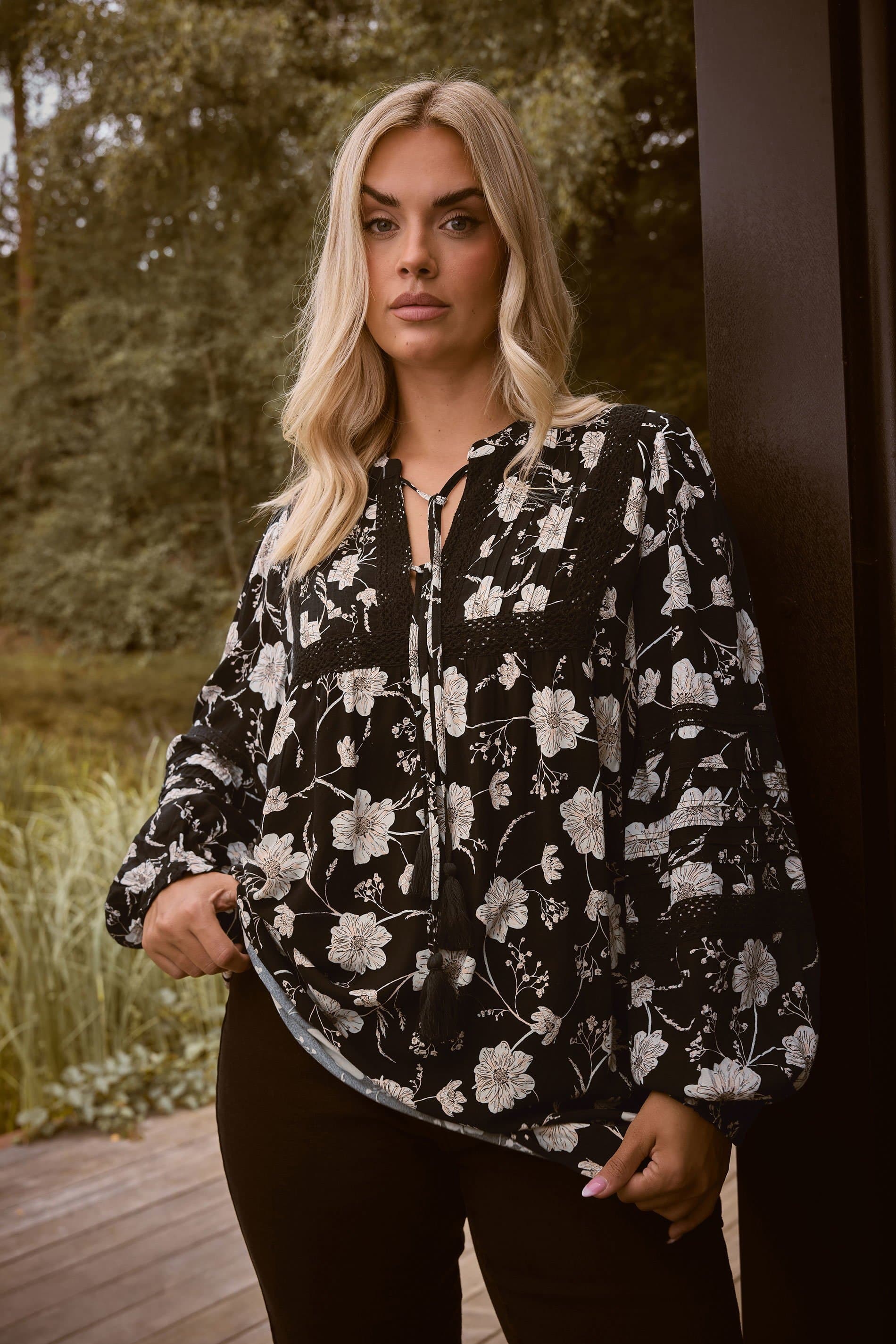 Yours Plus Size Black Floral Crochet Trim Blouse