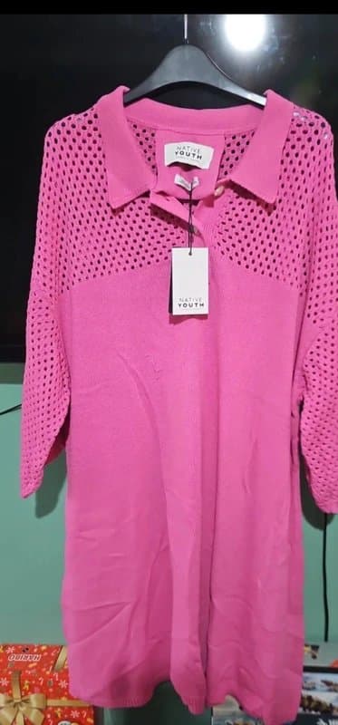 ASOS Asos Native youth size 20 22 pink short sleeves crochet jumper dress tunic smock fine knit