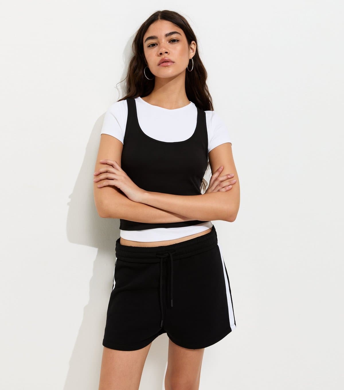 New Look Women's Black Cotton Rich Fold Over Waistband Side Stripe Shorts New Look