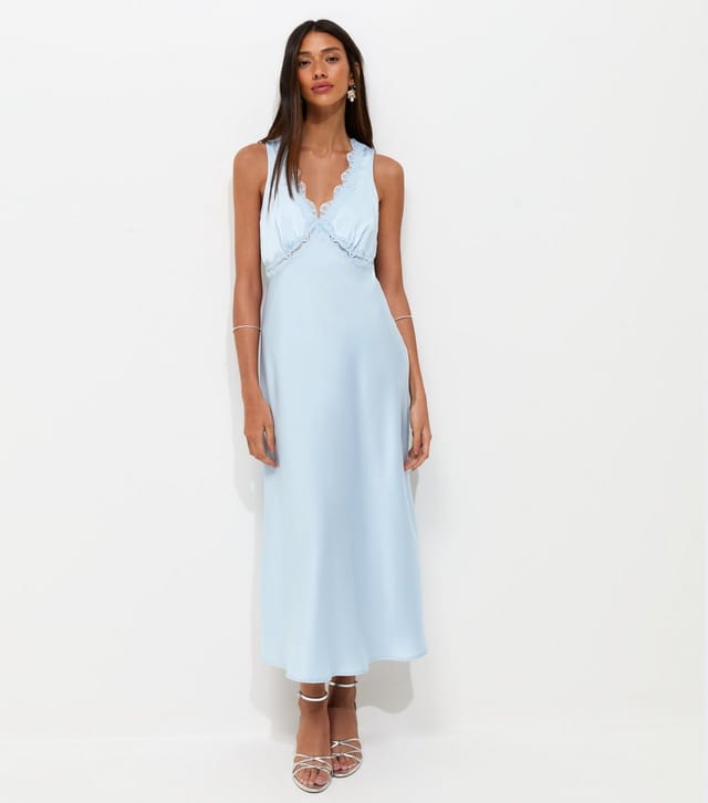 New Look Women's Blue Satin Lace Trimmed V-Neck Midi Dress New Look - 2