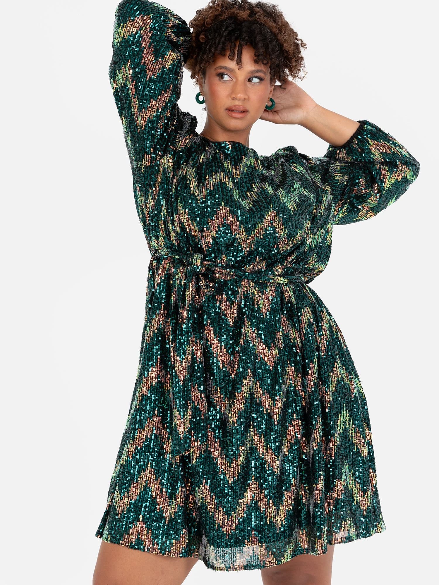 Lovedrobe Lovedrobe Women's Zig-Zag Sequin Belted Mini Dress in Green