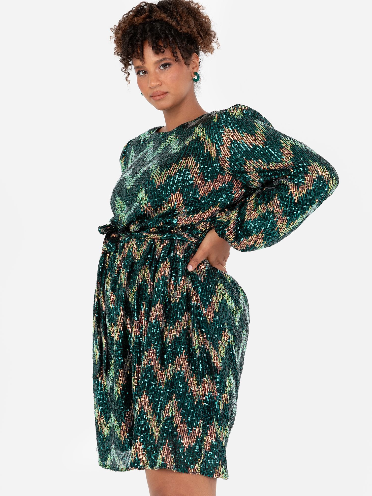 Lovedrobe Lovedrobe Women's Zig-Zag Sequin Belted Mini Dress in Green - 2