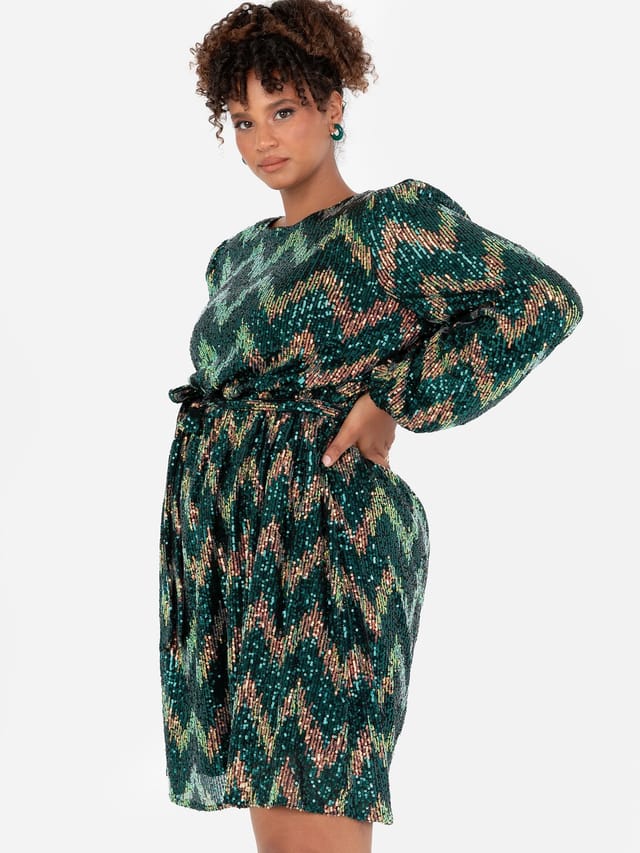Lovedrobe Lovedrobe Women's Zig-Zag Sequin Belted Mini Dress in Green - 2