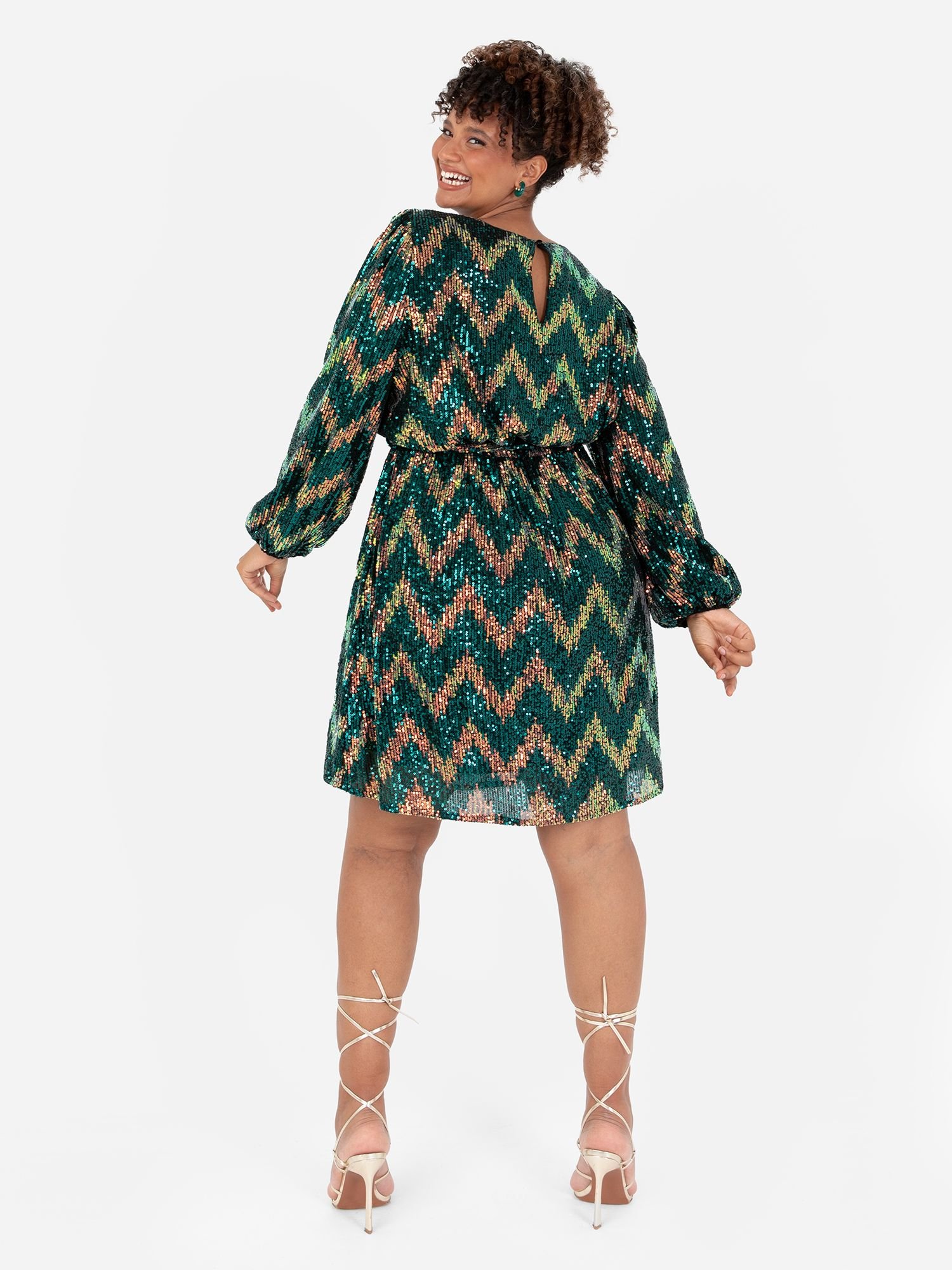 Lovedrobe Lovedrobe Women's Zig-Zag Sequin Belted Mini Dress in Green - 3