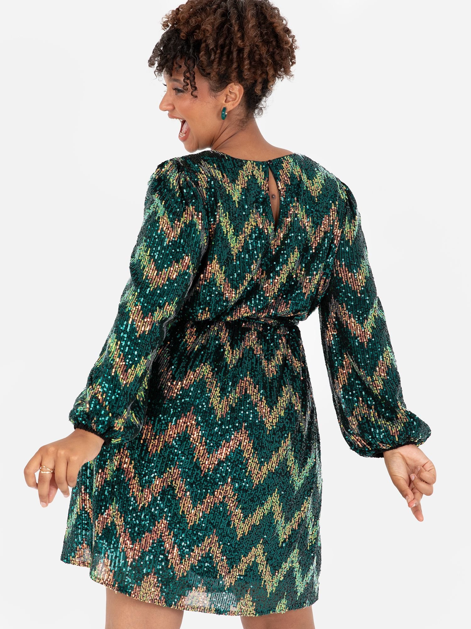 Lovedrobe Lovedrobe Women's Zig-Zag Sequin Belted Mini Dress in Green - 4