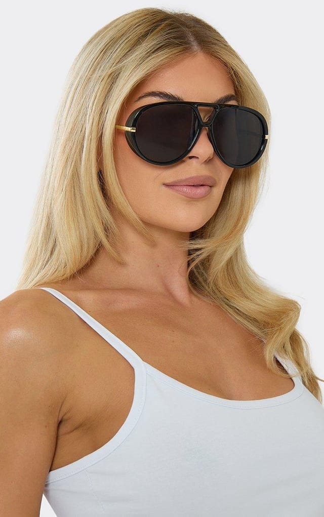 EGO Oversized Gold Frame Tinted Lense Sunglasses In Black, Women's Size UK 0 - 2