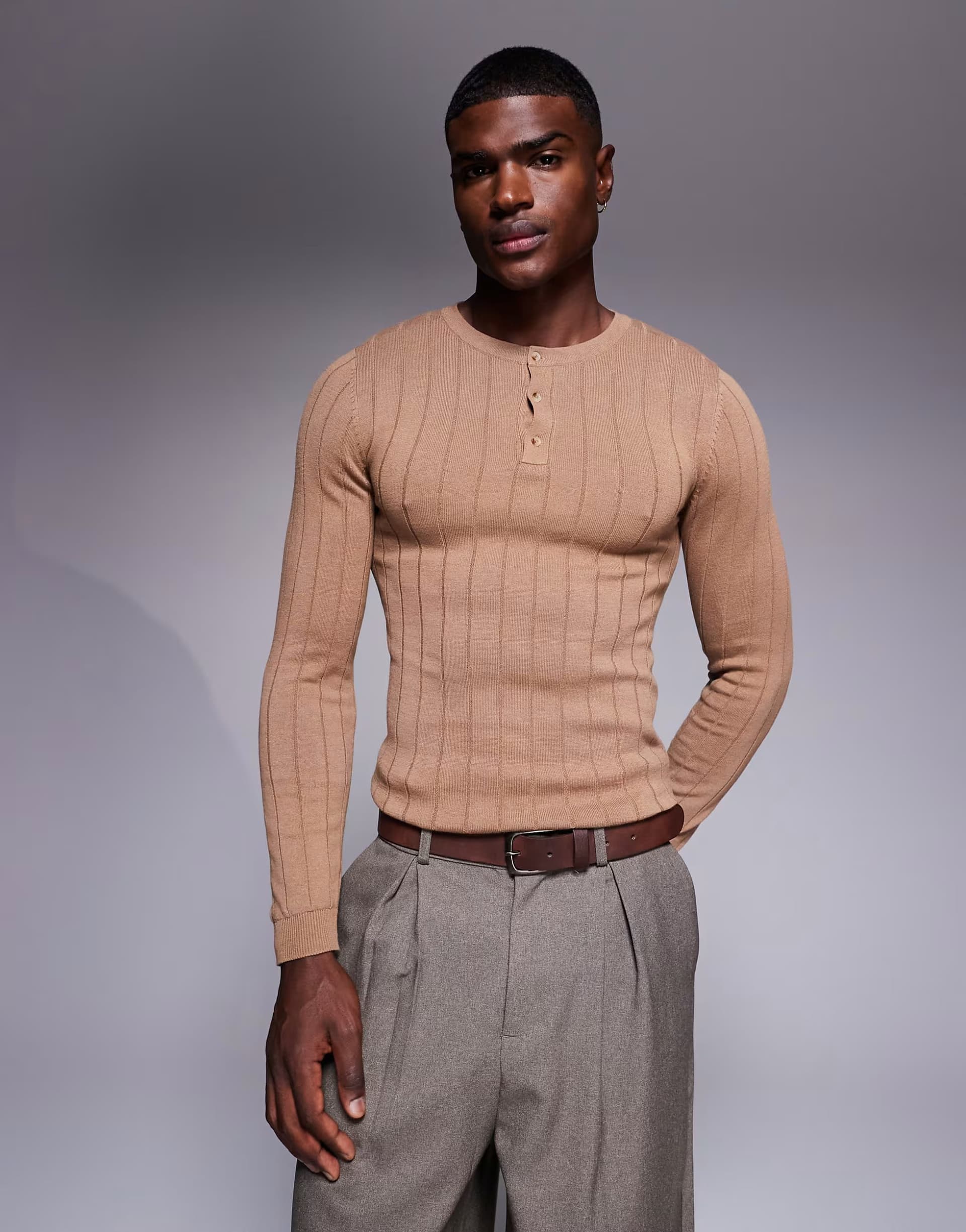 ASOS ASOS DESIGN muscle fit long sleeve knitted rib henley neck t-shirt in tan