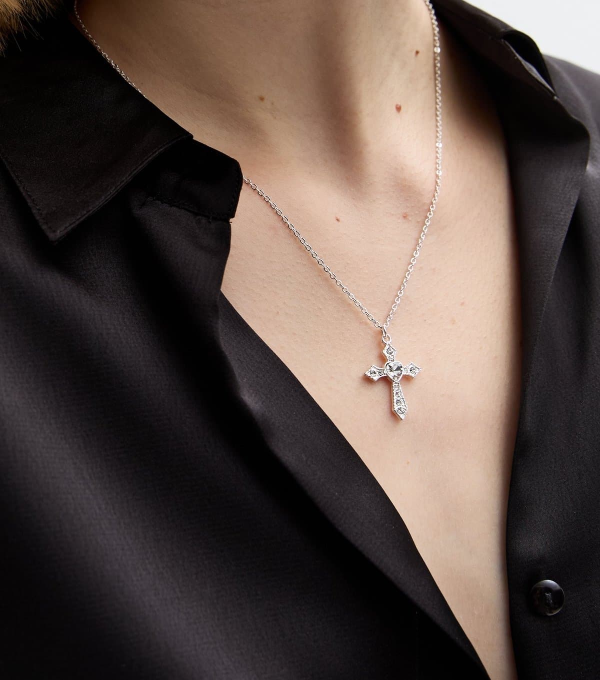 New Look Silver Tone Diamanté Cross Necklace New Look