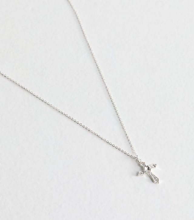 New Look Silver Tone Diamanté Cross Necklace New Look - 3