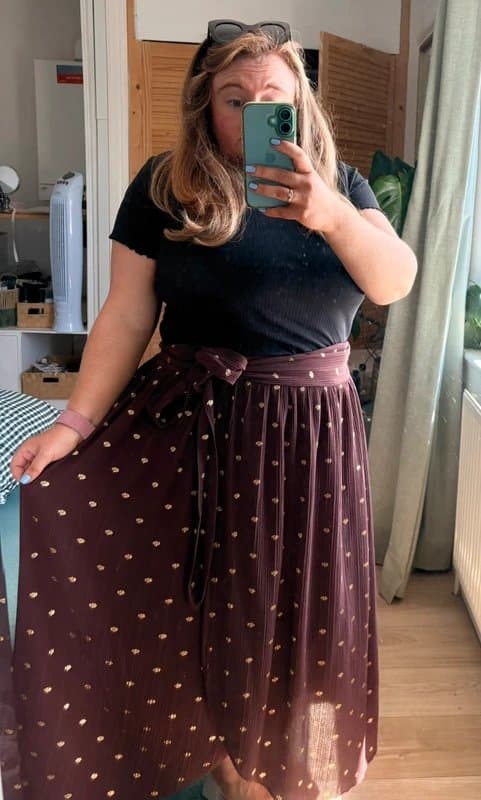 Never Fully Dressed Never Fully Dressed Chocolate Plissé Wrap Midi Skirt Gold Spot UK 20