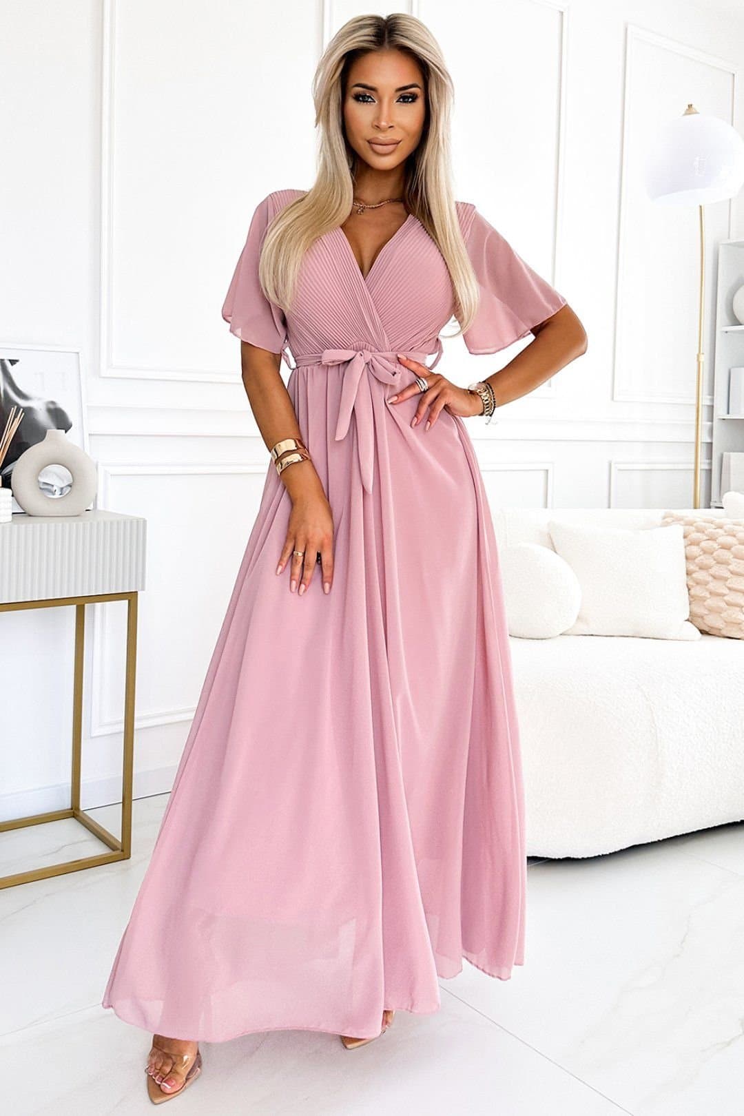 Love Lace Love Lace Women's Basic Long Chiffon Dress Pleated Neck Tie in Pink