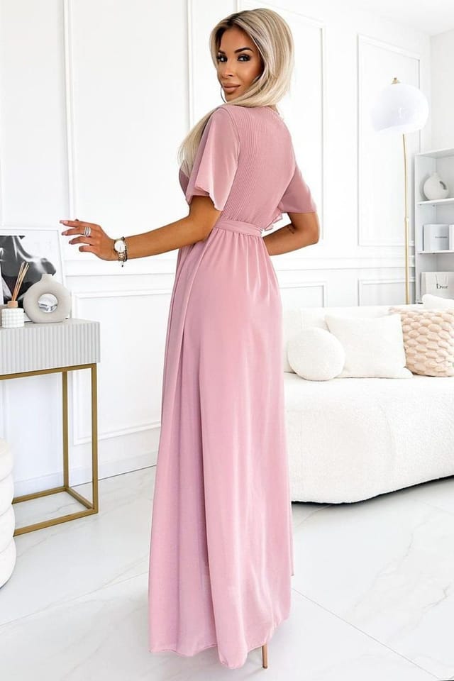 Love Lace Love Lace Women's Basic Long Chiffon Dress Pleated Neck Tie in Pink - 2