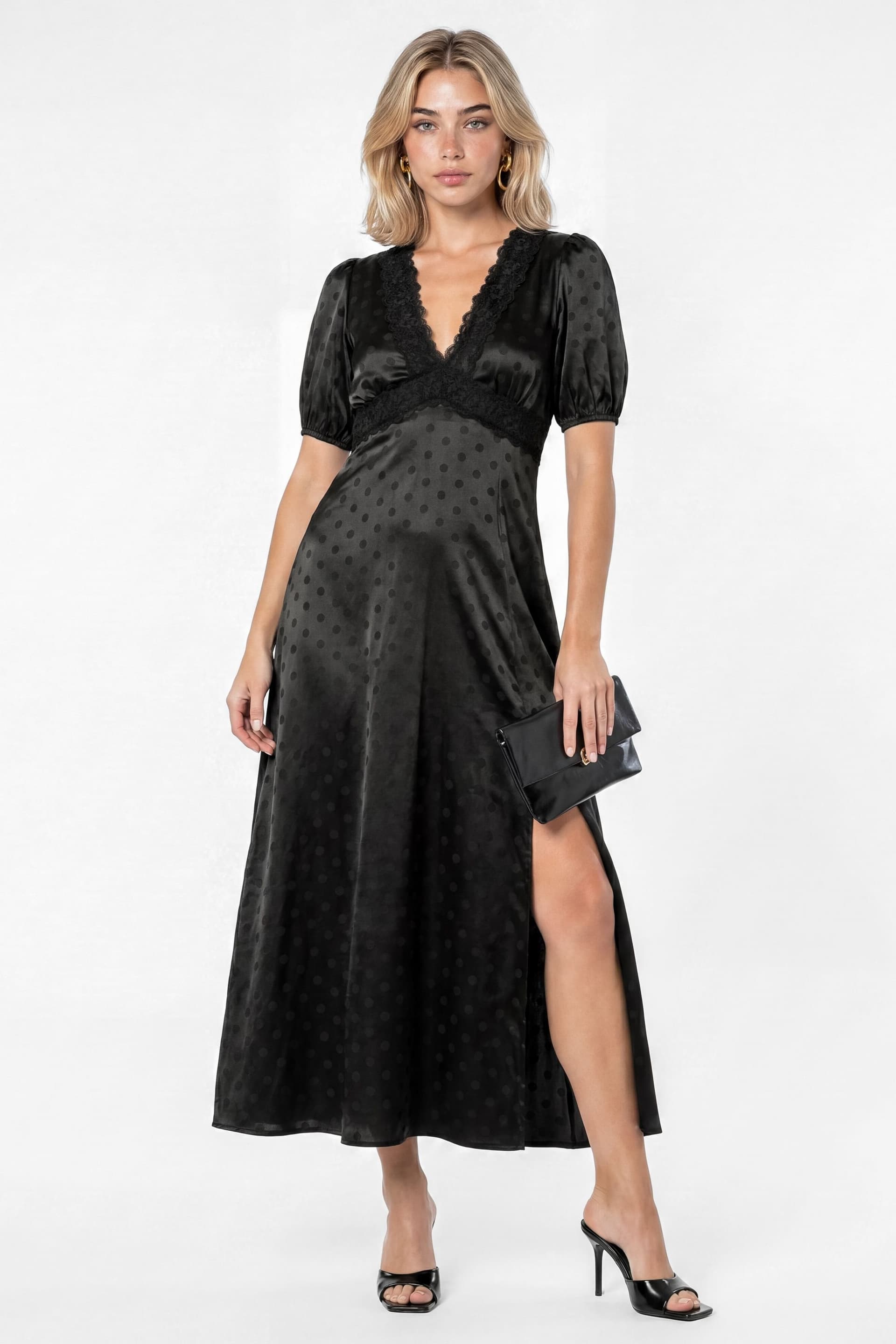 Lovedrobe Lovedrobe Women's Polka Dot Short Sleeve V Neck Midaxi Dress in Black