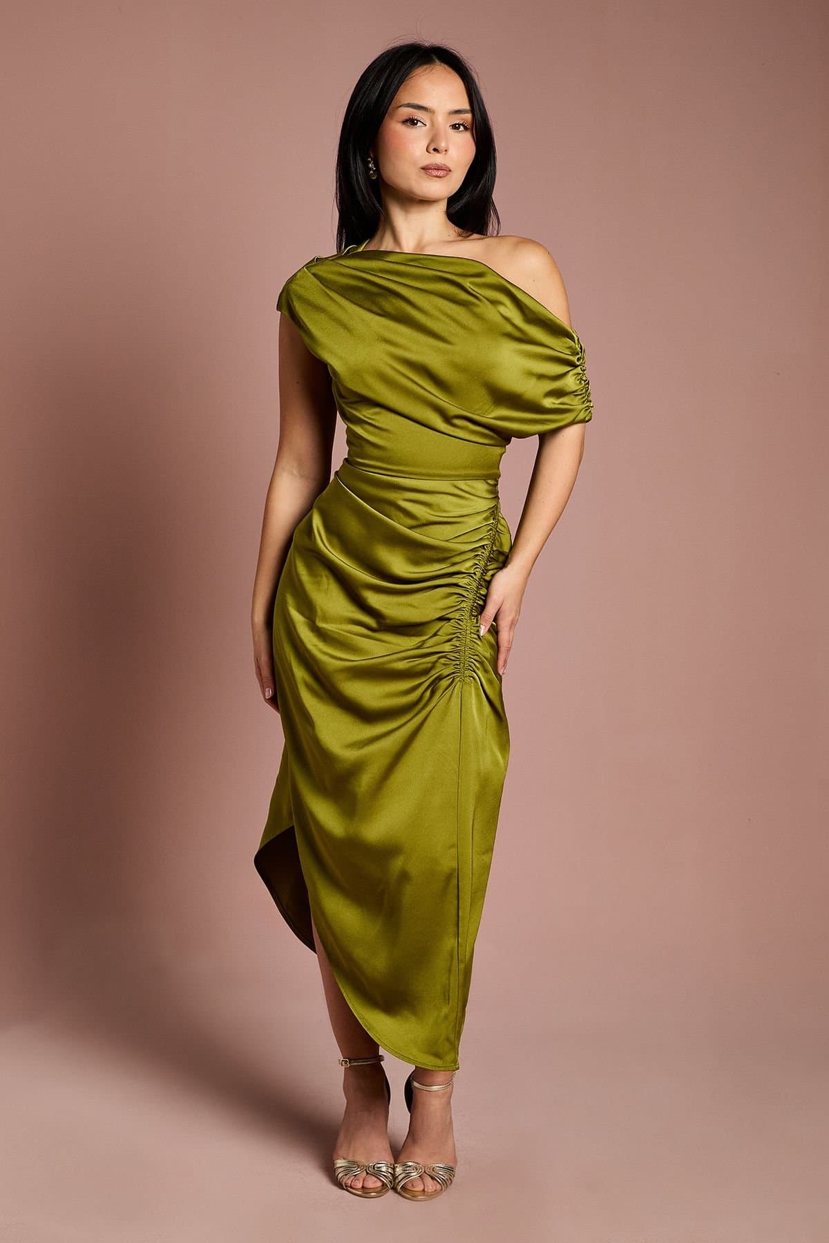 Coast Coast Women's Petite Satin Ruched One Shoulder Asymmetric Hem Midi Dress in Olive
