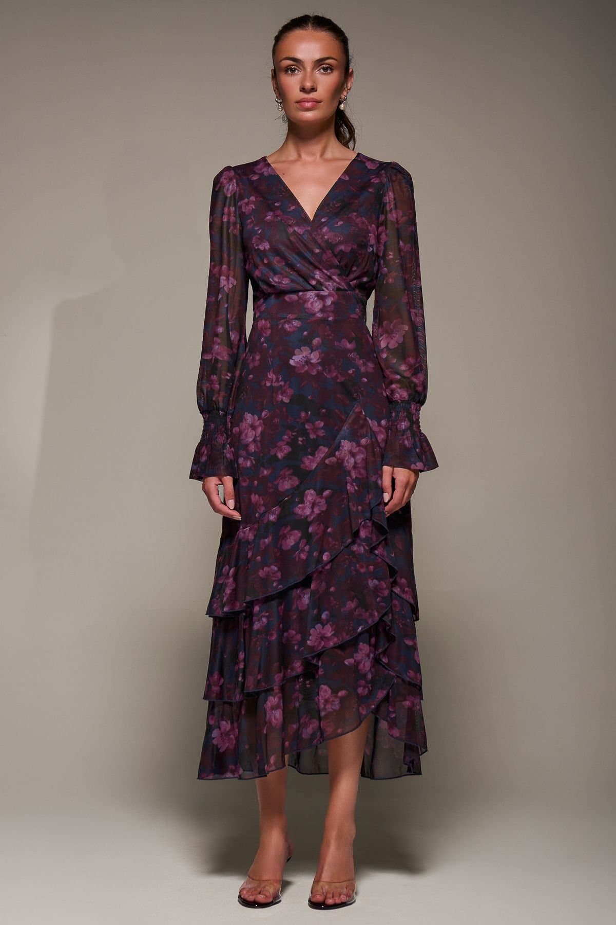 Jolie Moi Jolie Moi Women's Long Sleeve Ruffle Hem Mesh Maxi Dress in Dark Navy