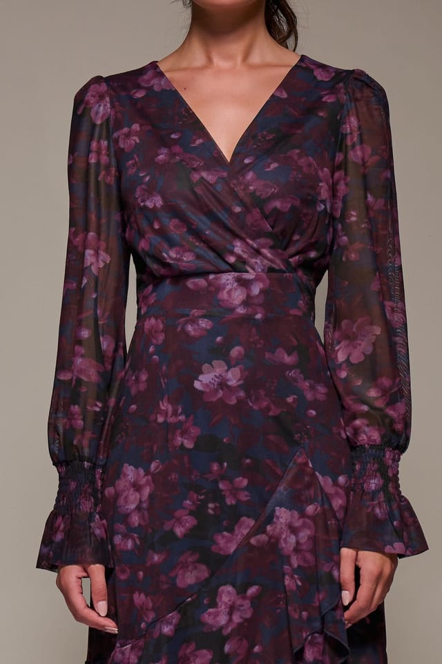 Jolie Moi Jolie Moi Women's Long Sleeve Ruffle Hem Mesh Maxi Dress in Dark Navy - 3