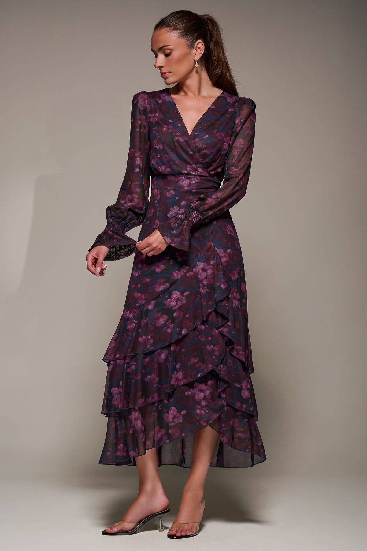 Jolie Moi Jolie Moi Women's Long Sleeve Ruffle Hem Mesh Maxi Dress in Dark Navy - 4