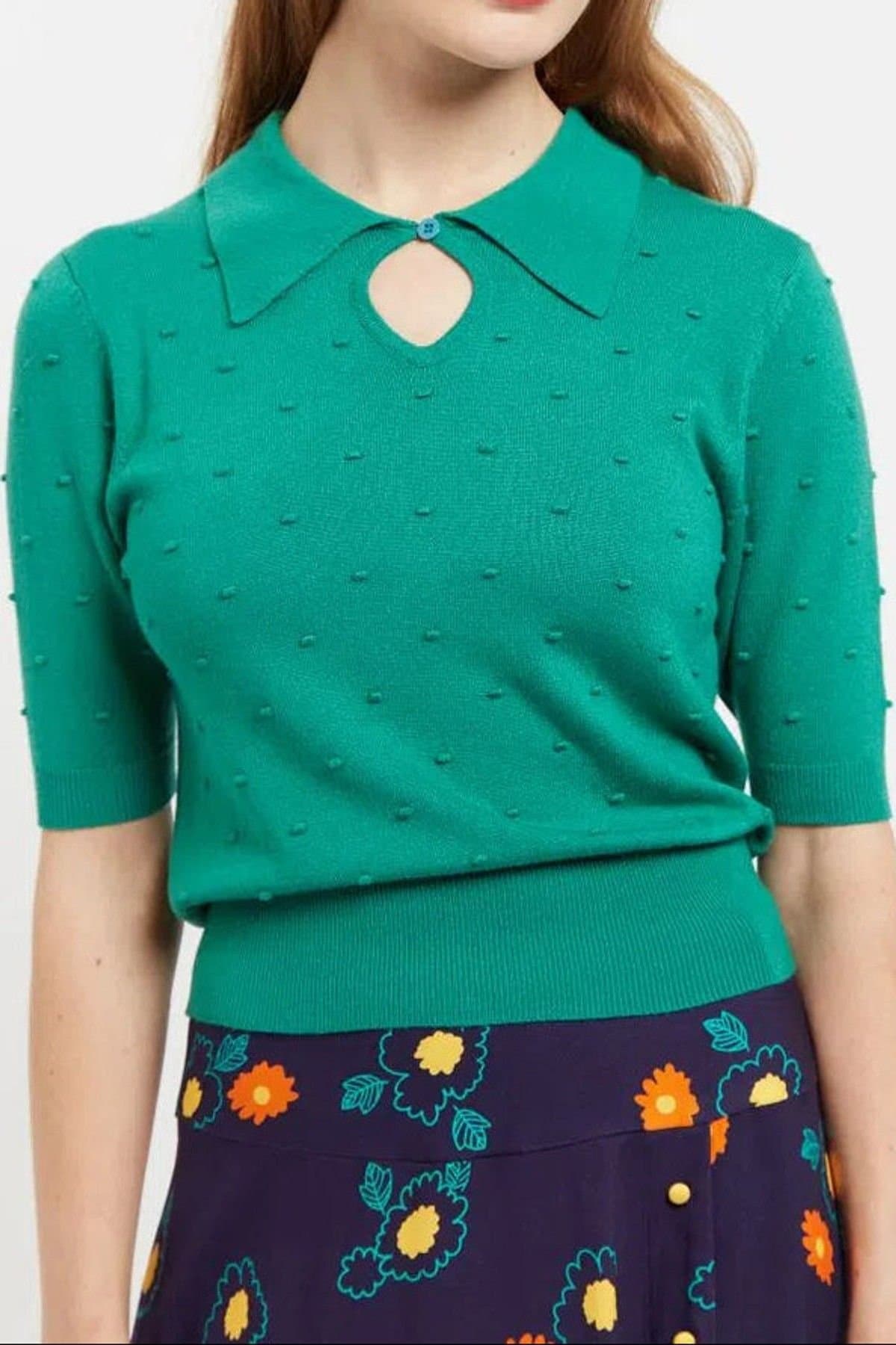 Louche Louche Women's Josephina Raindrops Textured Short Sleeve Collared Sweater Green